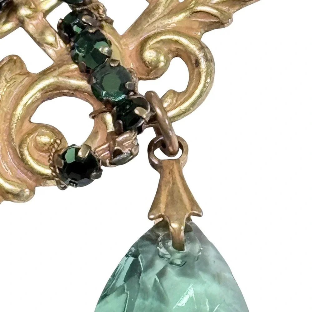 Victorian Revival Brooch Gold Tone Filigree Emerald Green Glass Stones Dangles